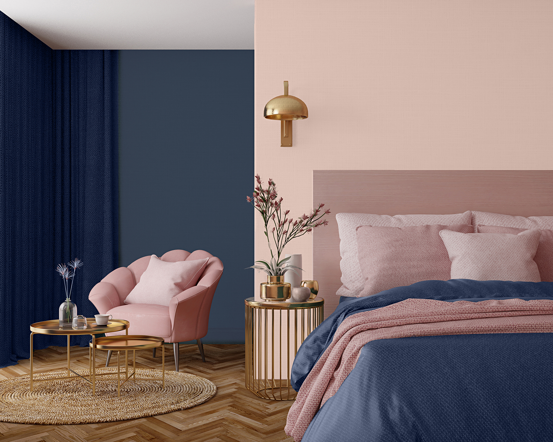 Pomysł na sypialnię — styl art deco nadaje jej luksusowy charakter. Proponowany kolor ścian to C67 Bezkresny Tanzanit i C64 Czarujący Kwarc MAGNAT Ceramic.