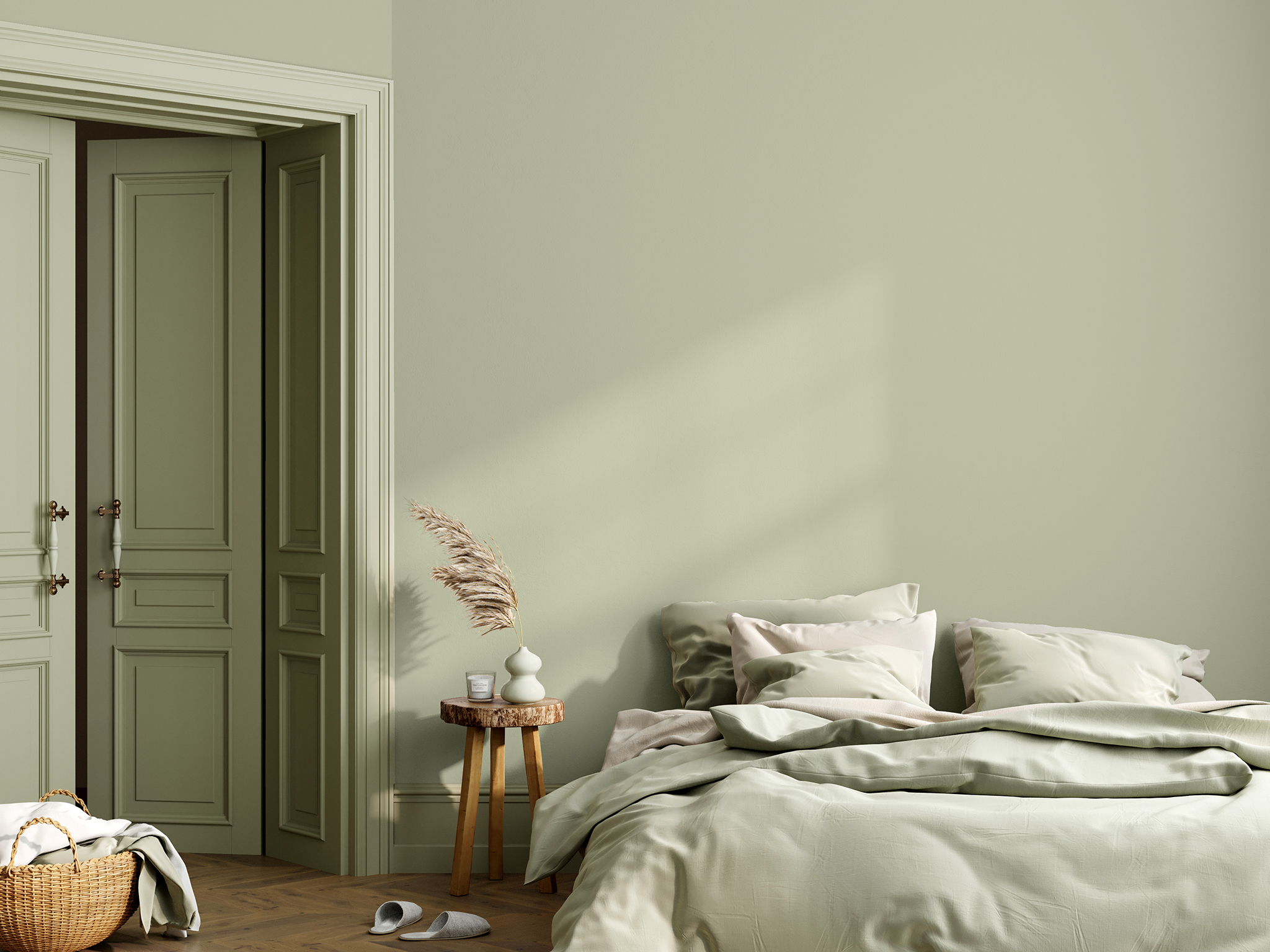 Kolor khaki to doskonała propozycja do sypialni w stylu boho