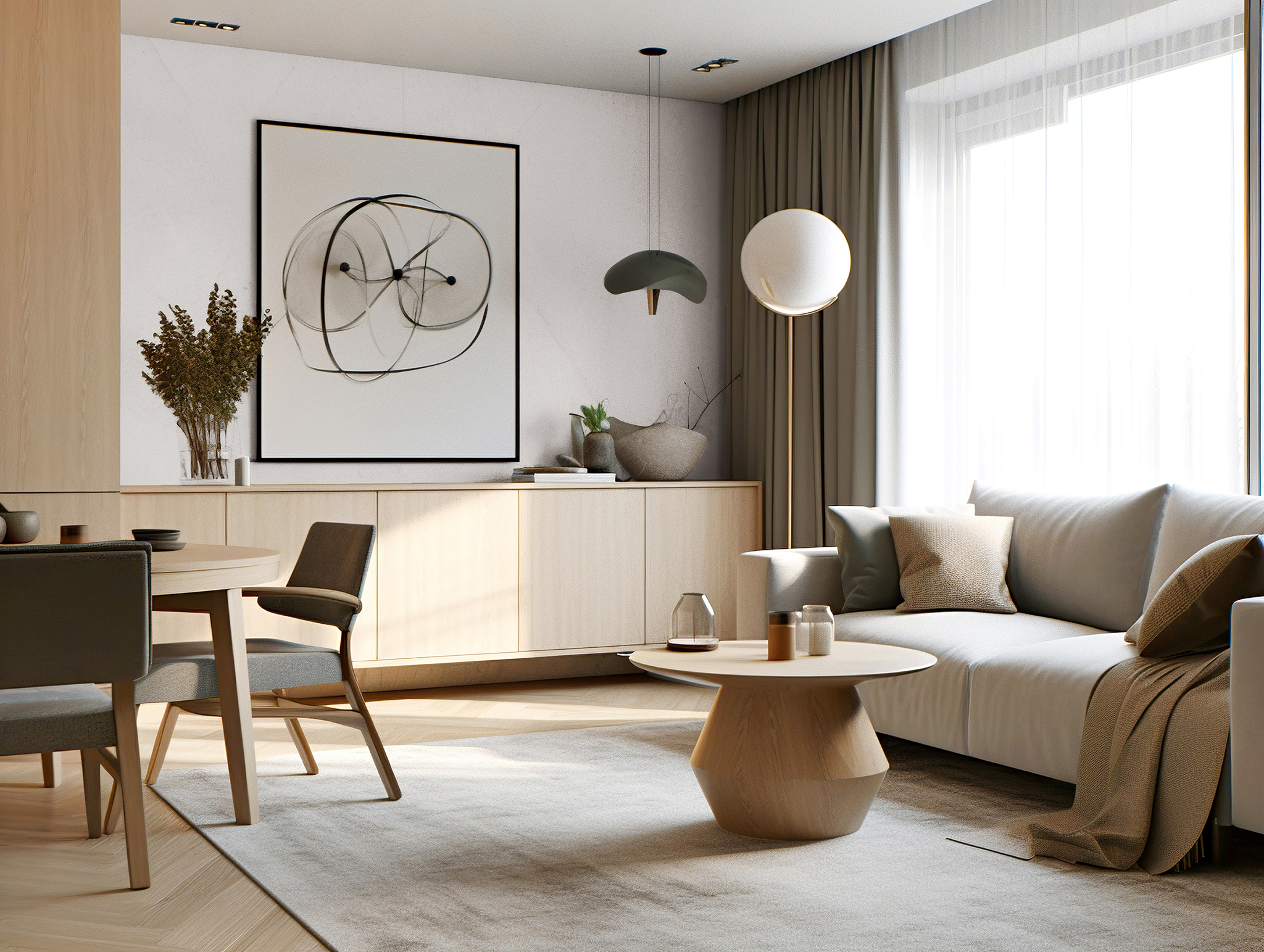 Salon ze ścianami pomalowanymi farbą w kolorze piaskowym. Wybrany odcień to KL17 Jasnoszary MAGNAT #kolorLove.