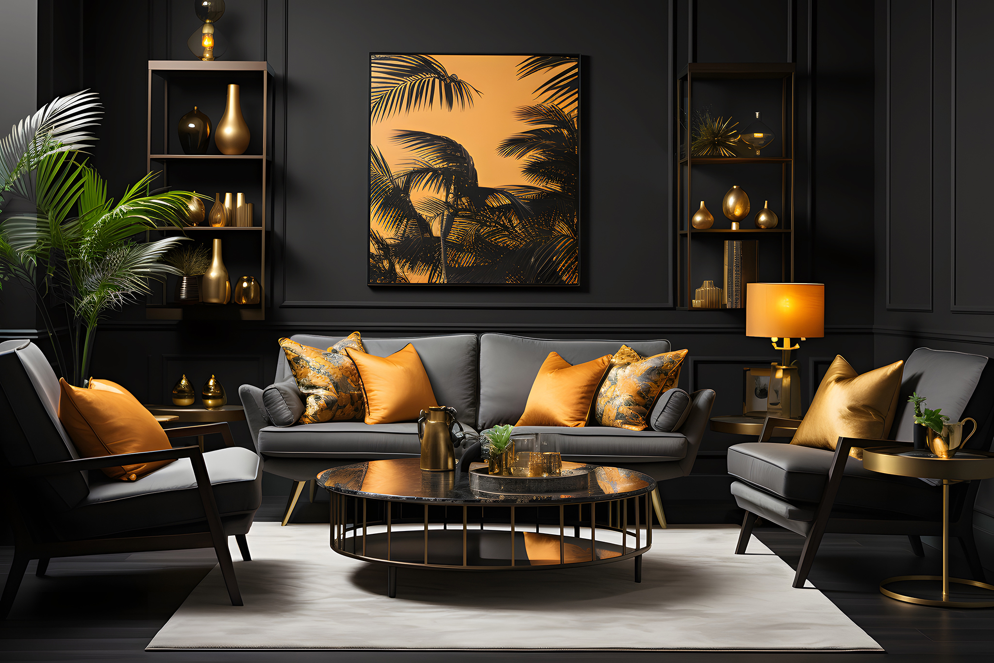 Czarna ściana w luksusowym salonie. Wybrany kolor farby to KL21 Czarny MAGNAT #kolorLove.