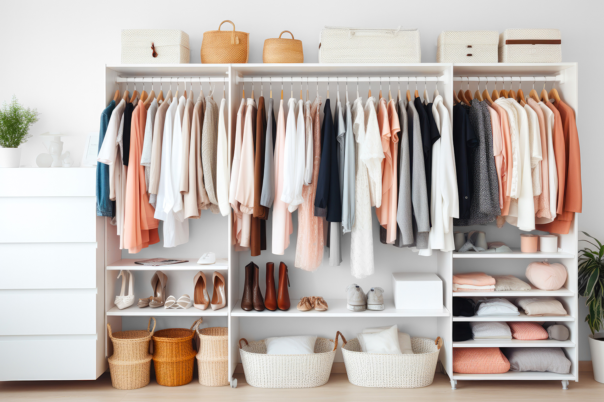 Uniwersalna garderoba w stylu skandynawskim. Polecany kolor ściany to C45 Biały MAGNAT Ceramic.