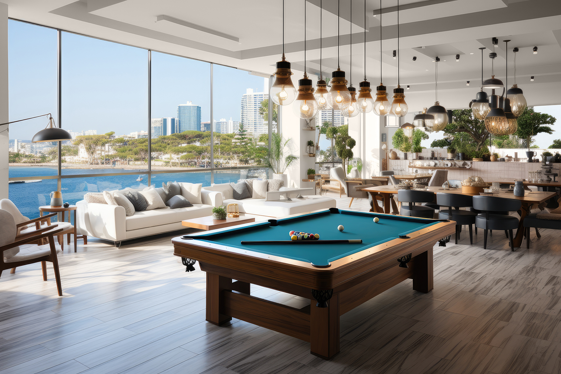 Pokój bilardowy jako część otwartej strefy dziennej w luksusowym domu. Propozycja koloru ścian to C47 Finezyjny Opal MAGNAT Ceramic.