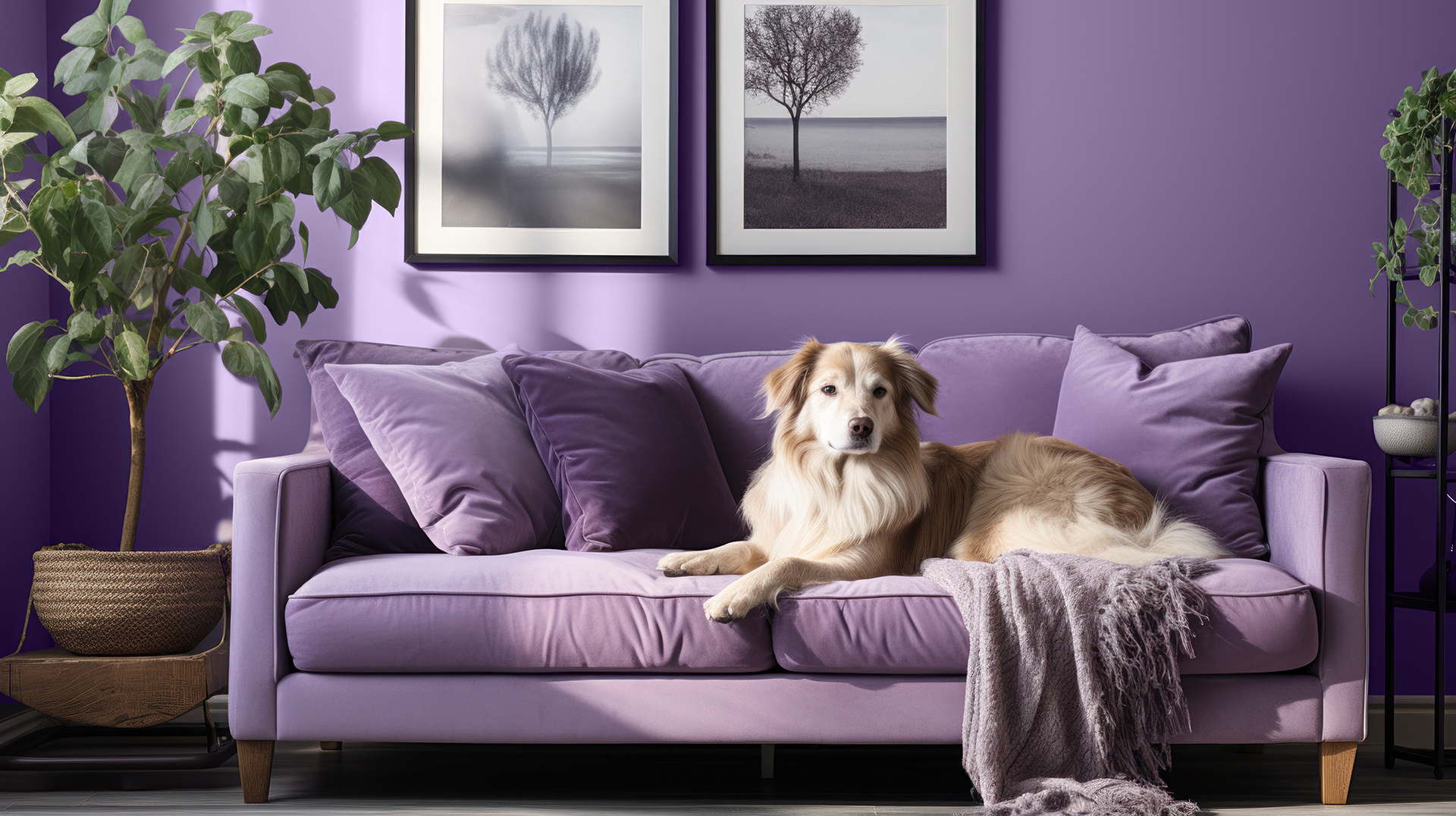 Fioletowa ściana i sofa w podobnym odcieniu to przepis na modne wnętrze ton w ton. Proponowany kolor ścian to C36 Fiołkowy Ametyst MAGNAT Ceramic.