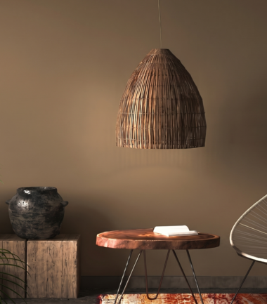 Salon w stylu boho z brazowymi scianami i egzotycznymi roslinami