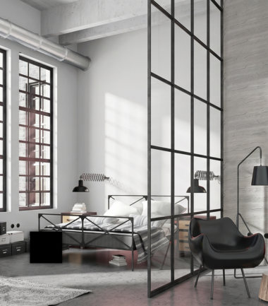 Nowoczesna sypialnia w stylu loftowym z szarą ścianą C29 szary piryt i industrialnymi elementami