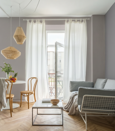 Salon w stylu skandynawskim z szarymi ścianami i drewnianą podłogą