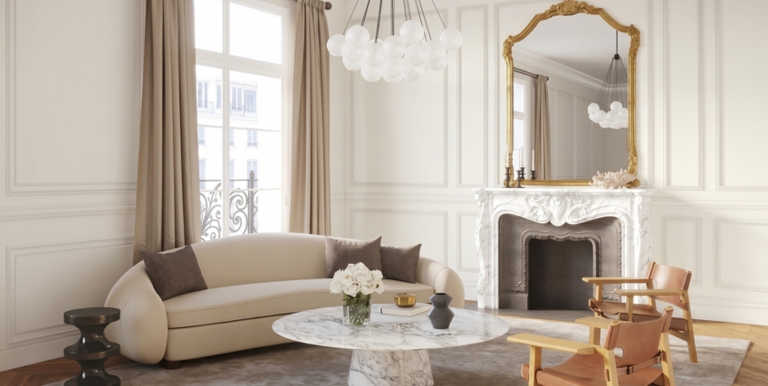 Salon – wnętrze z pomalowaną ścianą w kolorze C1 Biały Diament