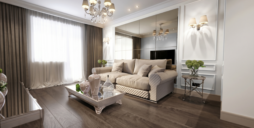 Elegancki salon w klasycznym stylu z sofą w kolorze beżowym i ścianą w kolorze S0300-N