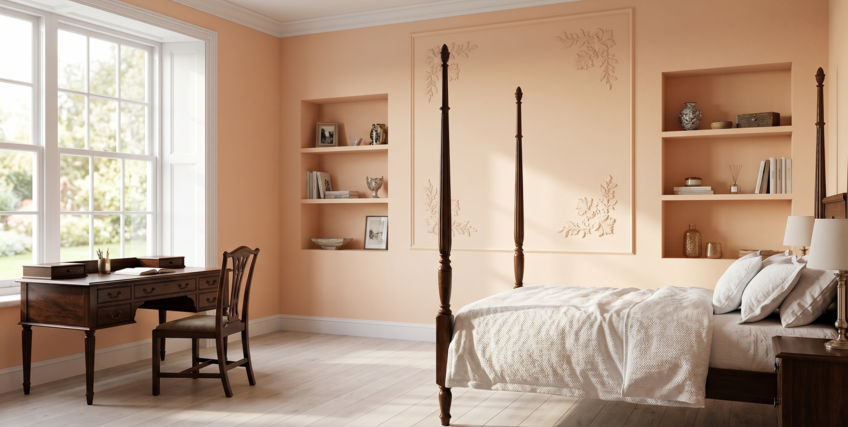 Sypialnia z eleganckim łóżkiem z baldachimem i biurkiem przy oknie, ściany w kolorze brzoskwiniowym.