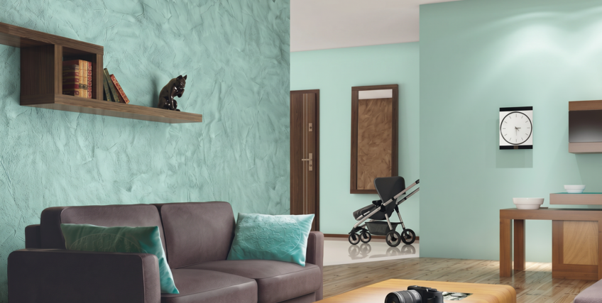 Salon – wnętrze z pomalowaną ścianą w kolorze C38 szmaragdowa toń