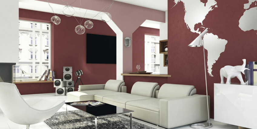 Salon &ndash; wnętrze z pomalowaną ścianą w kolorze Stiuk Wapienny Almandyn Magnat Style