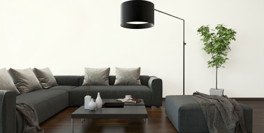 Salon z dużą sofą w kształcie litery L i ścianą w kolorze białego diamentu C1
