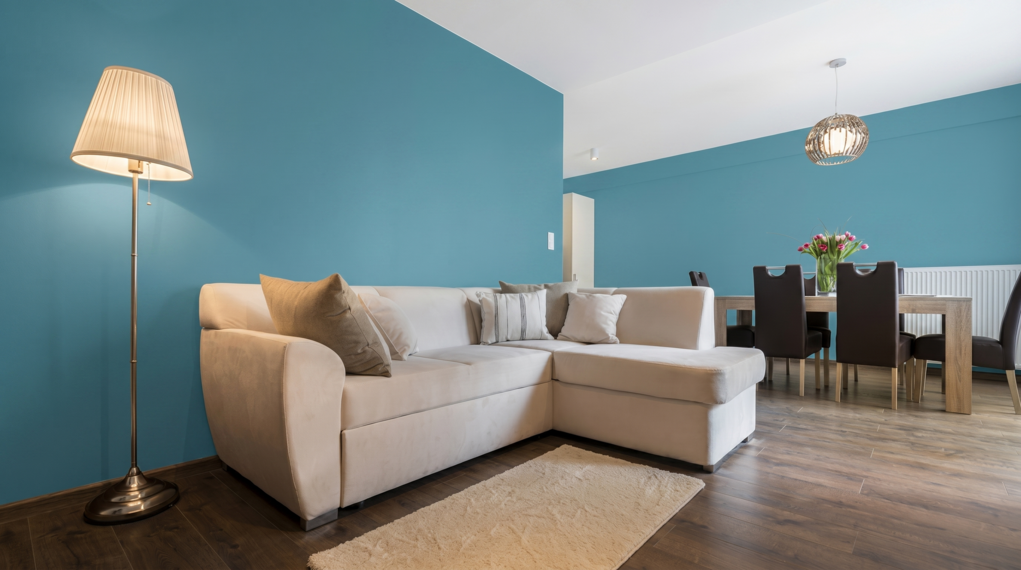 Salon &ndash; wnętrze z pomalowaną ścianą w kolorze S3040-B20G