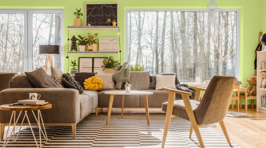 Salon z beżową kanapą i dywanem w paski, z oknami na las, z jasnozielonymi ścianami