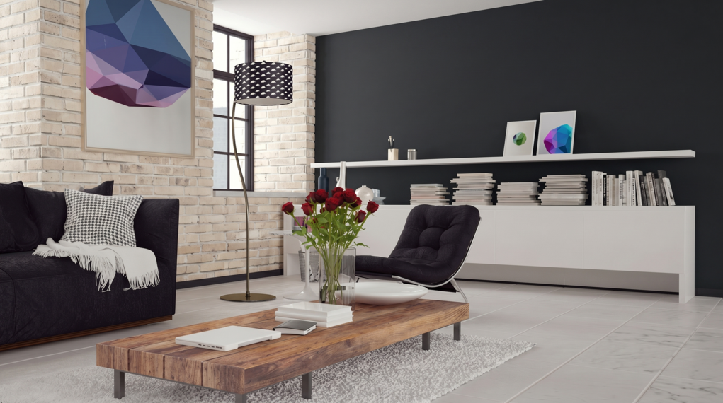 Nowoczesny salon z ciemno szarą ścianą i ceglaną ścianą
