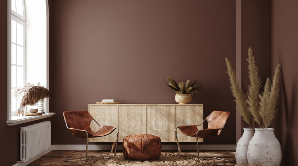 Salon w stylu boho z brązowymi ścianami S5540-Y90R i drewnianymi meblami.