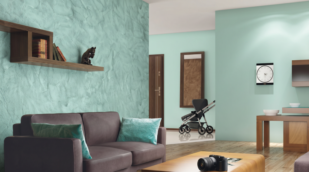 Salon &ndash; wnętrze z pomalowaną ścianą w kolorze C38 szmaragdowa toń