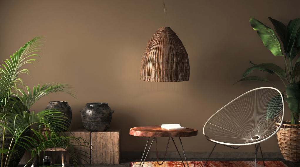Salon w stylu boho z brazowymi scianami i egzotycznymi roslinami