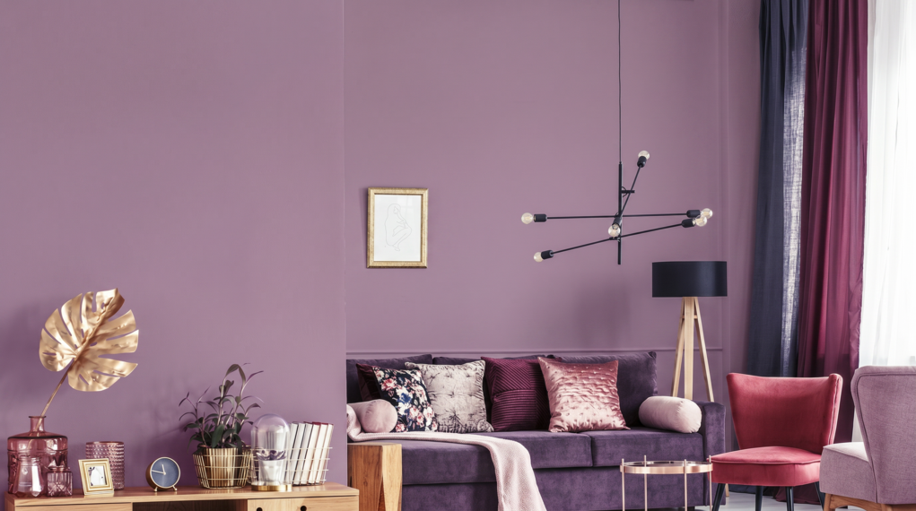 Salon w stylu eklektycznym z fioletową kanapą i ścianą w kolorze lila (S3030-R40B)