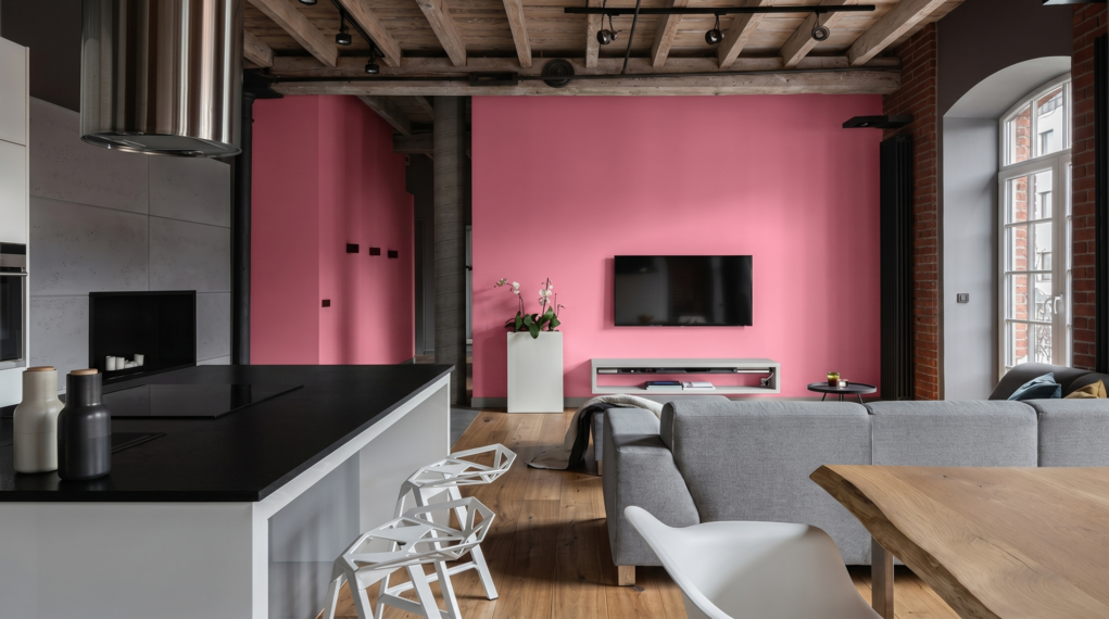 Nowoczesny salon z otwartą kuchnią w industrialnym loftowym stylu z r&oacute;żową ścianą i drewnianym sufitem.