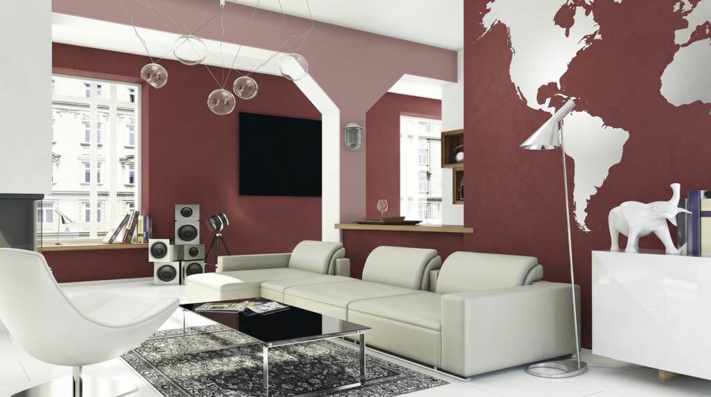Salon – wnętrze z pomalowaną ścianą w kolorze Stiuk Wapienny Almandyn Magnat Style
