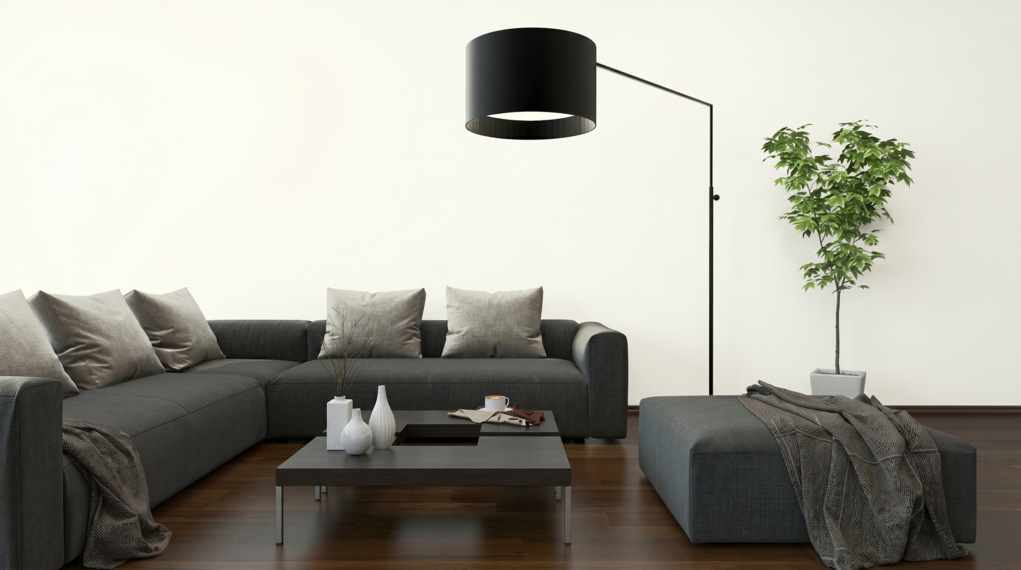 Salon z dużą sofą w kształcie litery L i ścianą w kolorze białego diamentu C1