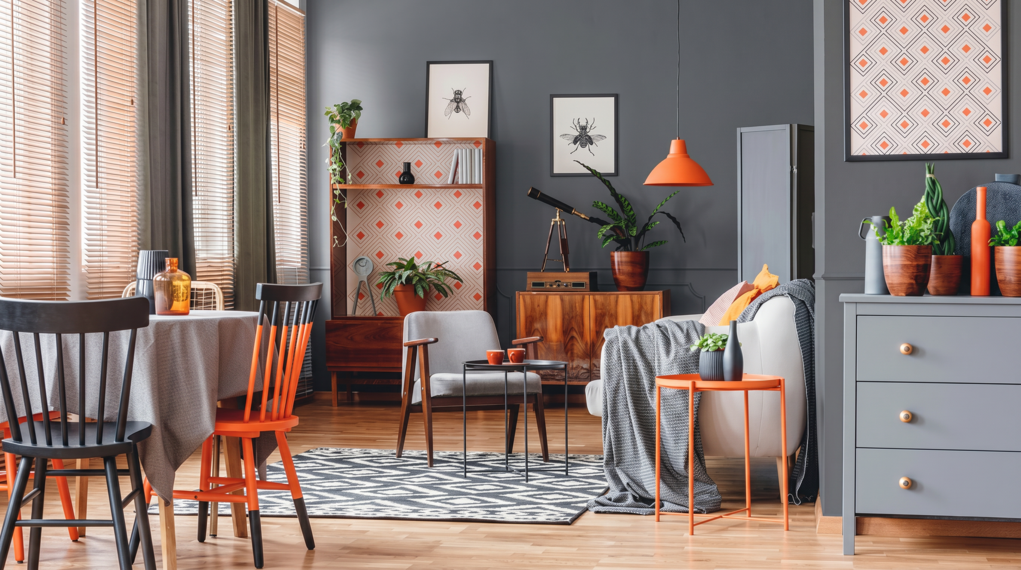 Salon w stylu vintage z szarymi ścianami w kolorze RAL 7043 i akcentami pomarańczowymi