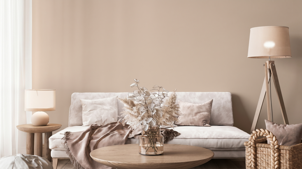 Jasny salon z beżową ścianą S2010-Y50R i kremową sofą w stylu boho