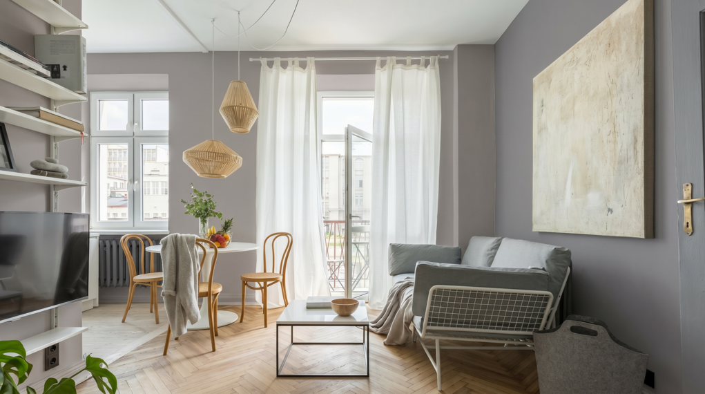 Salon w stylu skandynawskim z szarymi ścianami i drewnianą podłogą